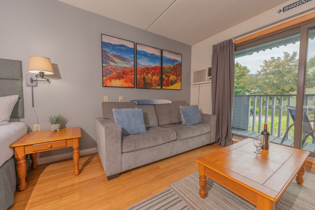 Ski Stash Smuggs sofa beneath a three-panel fall foliage print, with the balcony door beside it